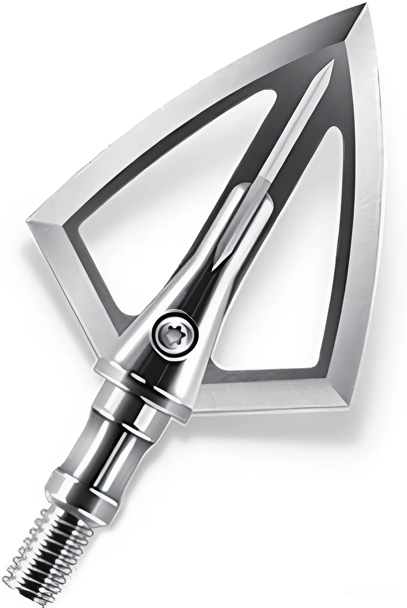 Detailed view of a broadhead arrow tip made of polished metal. The tip has a razor-sharp triangular blade with an aerodynamic open-frame structure, showcasing its precision craftsmanship.